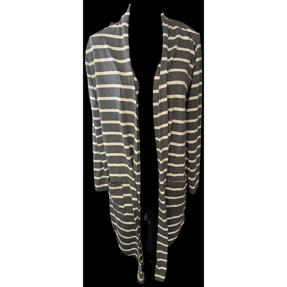 Meaneor Cardiganβ Women's Large Gray White Stripe Stretch Asymmetrical Sweater